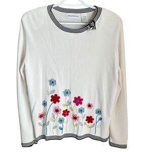 Alfred Dunner L Black and White Multicolor Knit Sweater Pullover Floral Accent